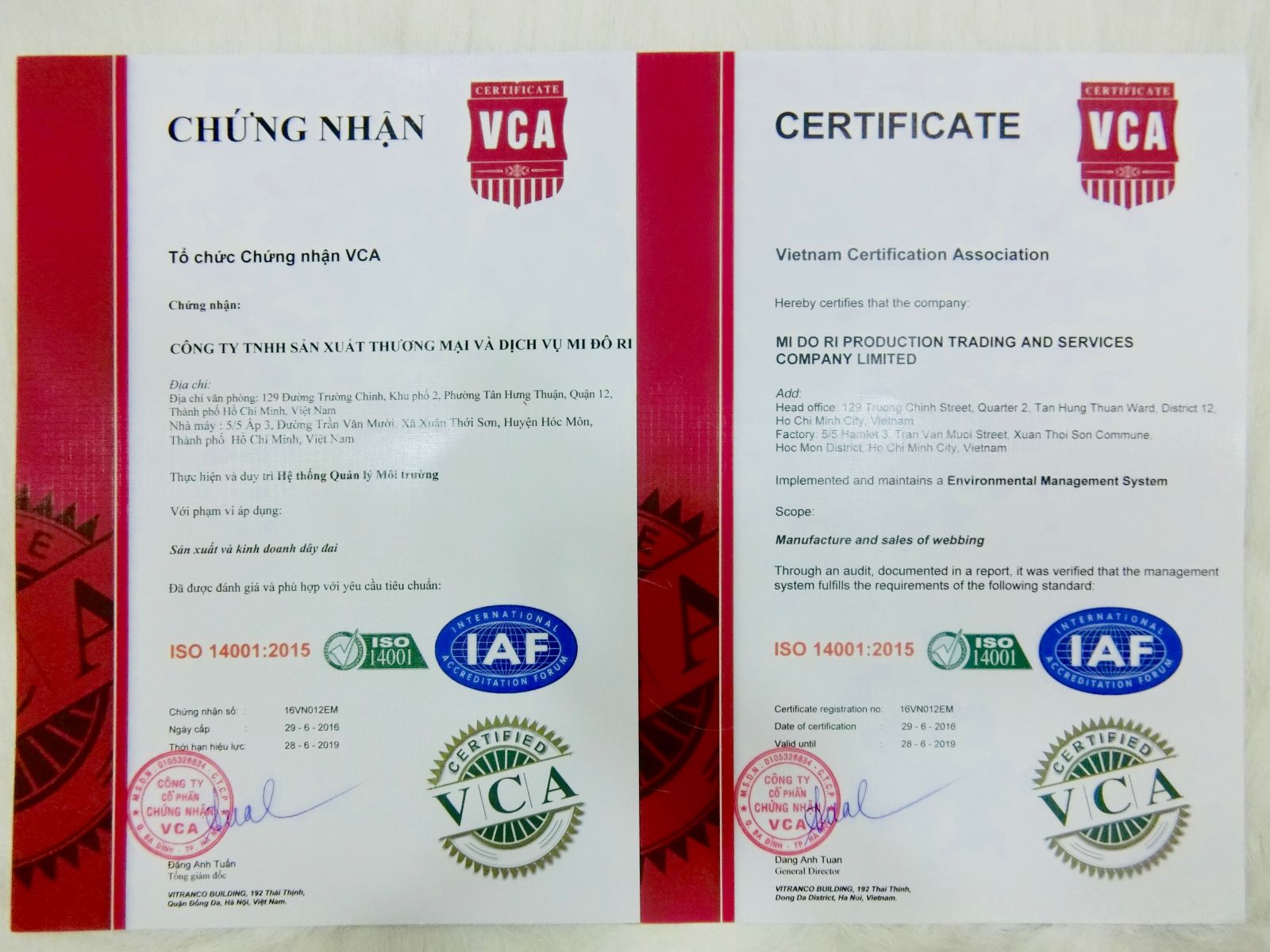 Chứng nhận ISO 14001 của công ty MI DO RI