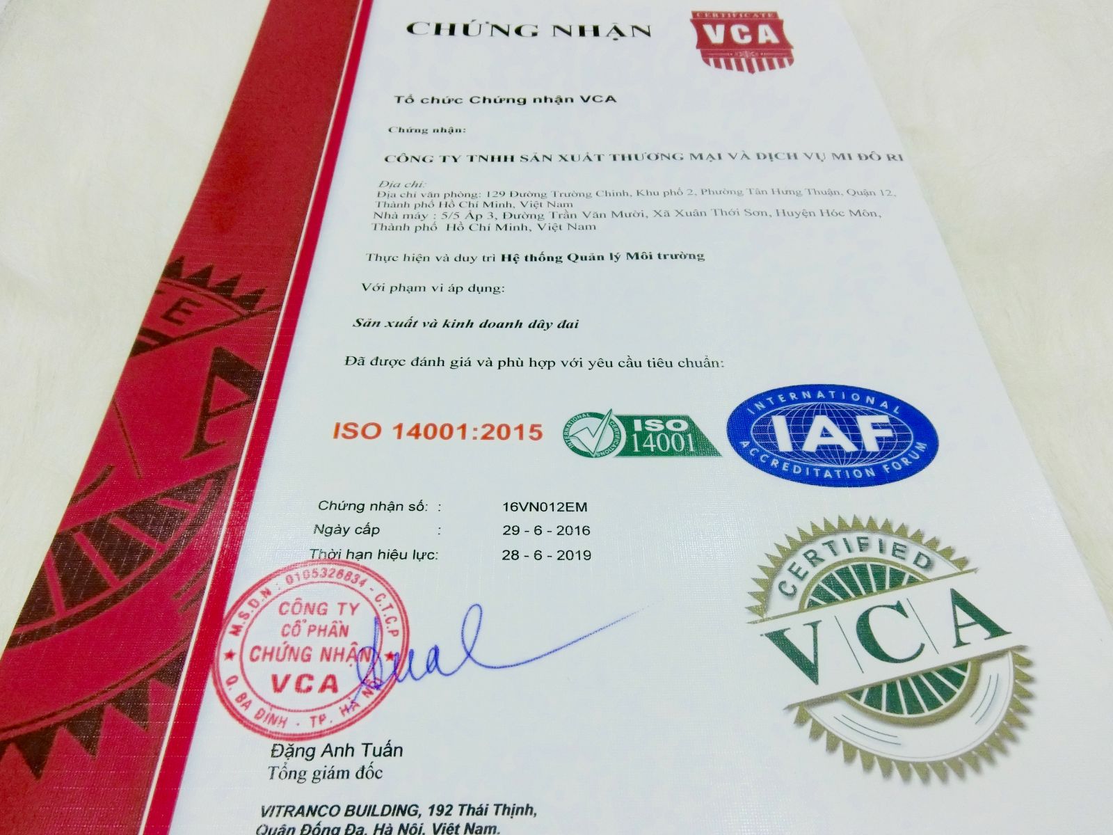 Chứng nhận ISO 14001 của công ty MI DO RI