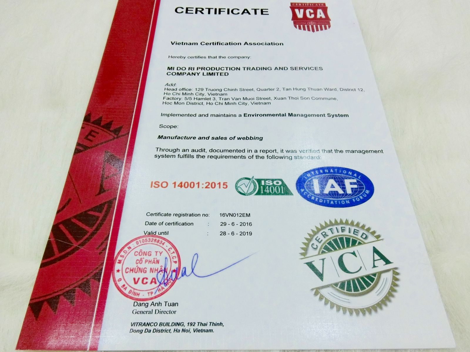 Chứng nhận ISO 14001 của công ty MI DO RI